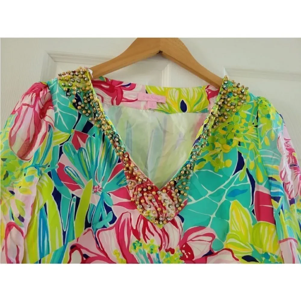 Lilly Pulitzer Silk Saemus Dress in Schooner Blue Land Escape Print Size 2